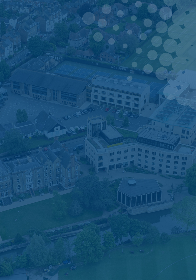 Aerial view of St Hilda's College, Oxford, with blue wash